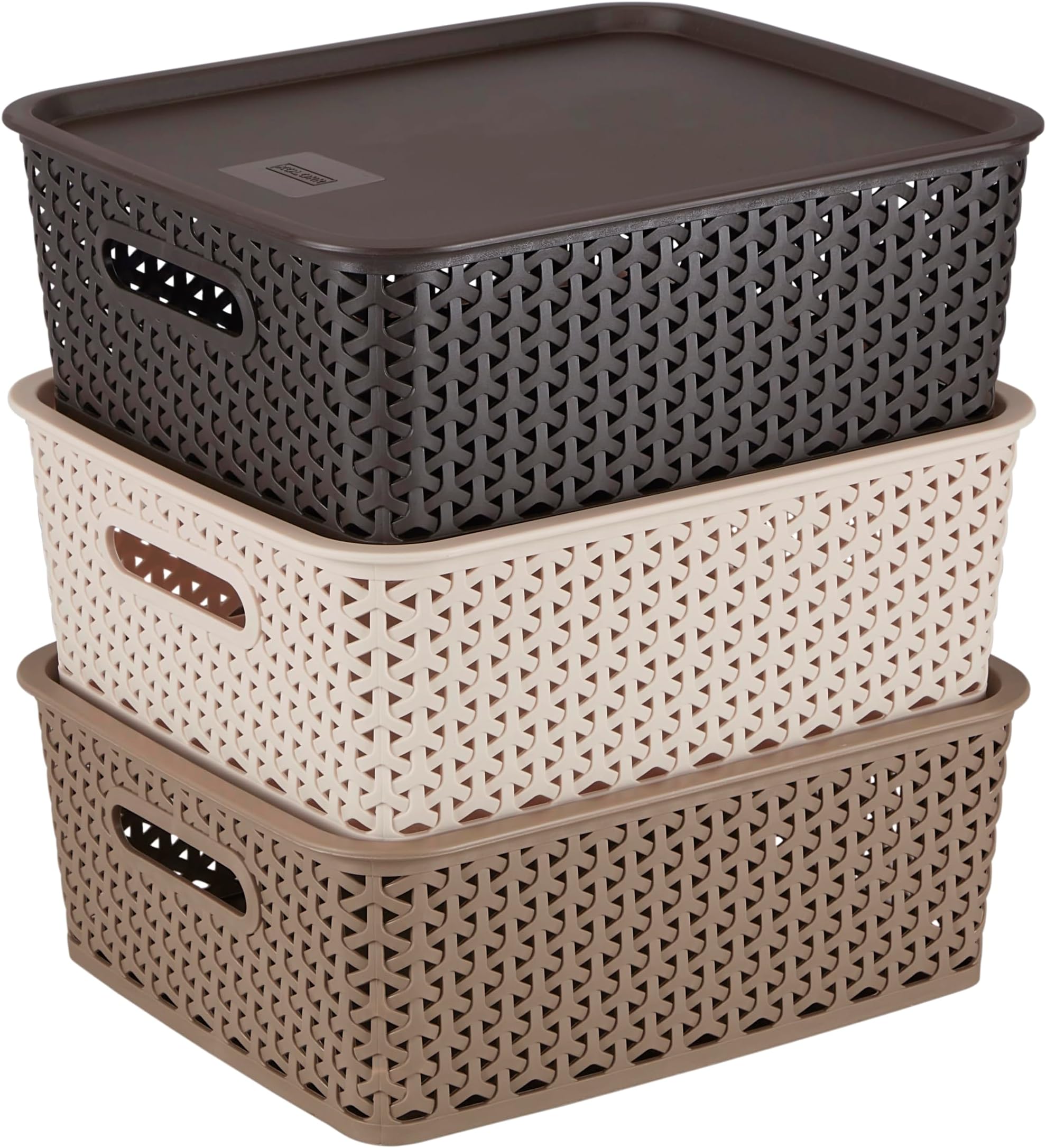 Royal Baskets 3 Medium Basket with 3 Lid - (Dark Brown, LT Brown, Beige) | stackable| easy to clean | strong and durable | BPA free | Multipurpose Plastic Storage Basket, Rectangular