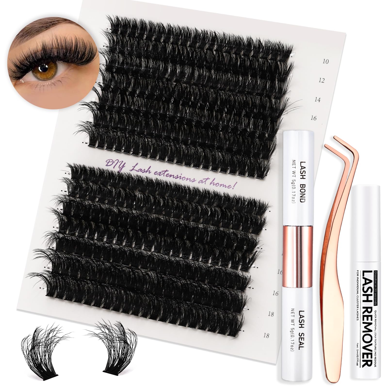 Vznffur Fluffy Lash Extension Kit 280Pcs Thick Eyelash Extension Kit 60D 80D Mix 10-18mm Volume Cluster Lashes with Bond and Seal Tweezers Cluster