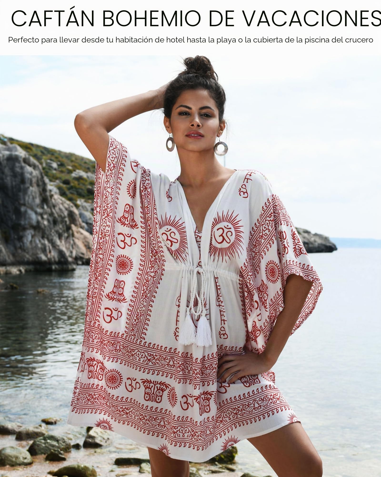 V-Neck Kaftan in Ohm Print White
