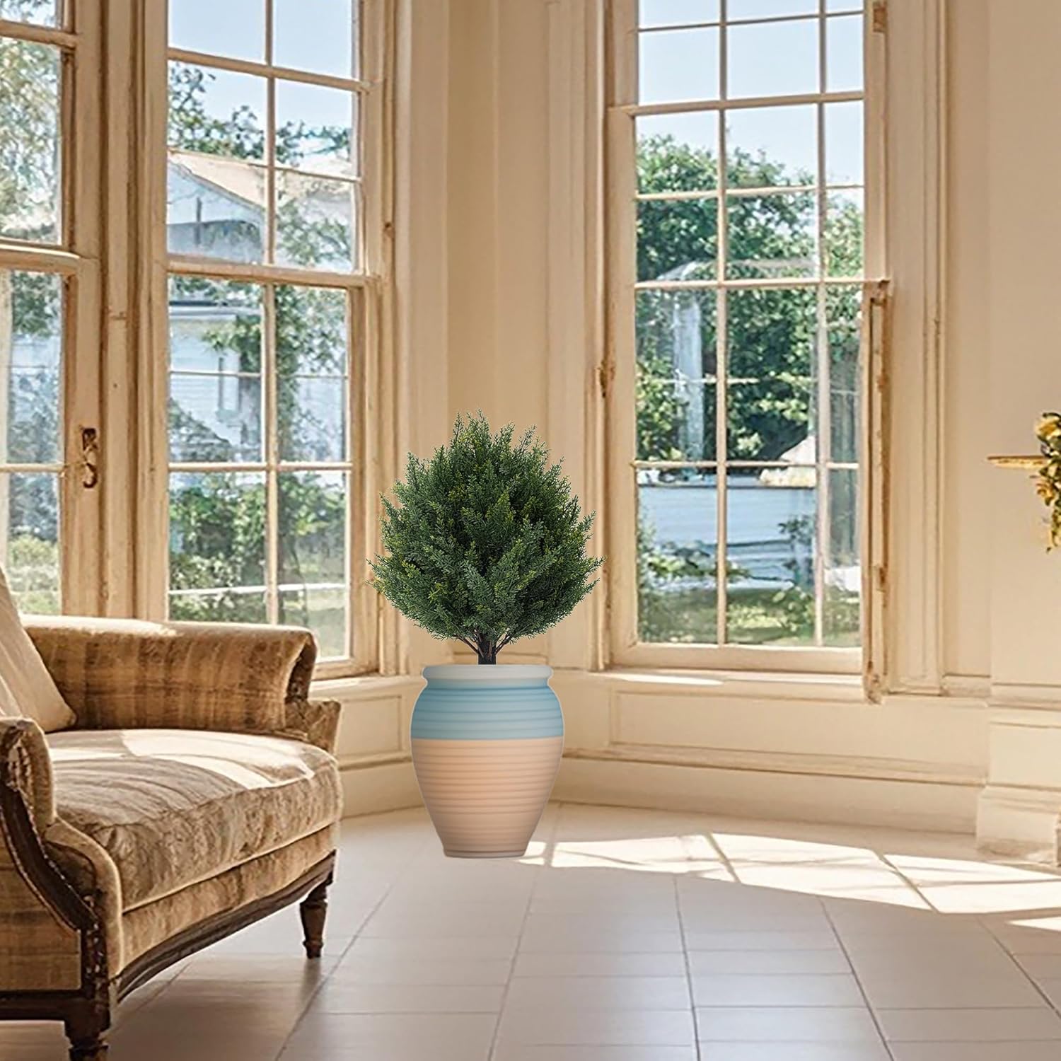 24" Artificial Cypress Topiary Tree with Ground Spike, Fake Shrubs UV Resistant Artificial Cedar Bushes, Set of 2 Faux Plants for Indoor Outdoor Front Porch Garden - Image 9