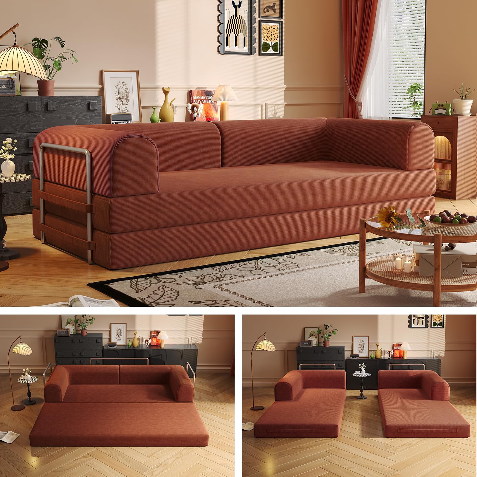 Convertible Sofa Bed Boneless Couch 79" Oversized Cloud Couch Corduroy Floor Sofa with Pull Out Bed Modular Sectional for Bedroom Basement Room Game Movie Room (Bright Orange, 79inch)