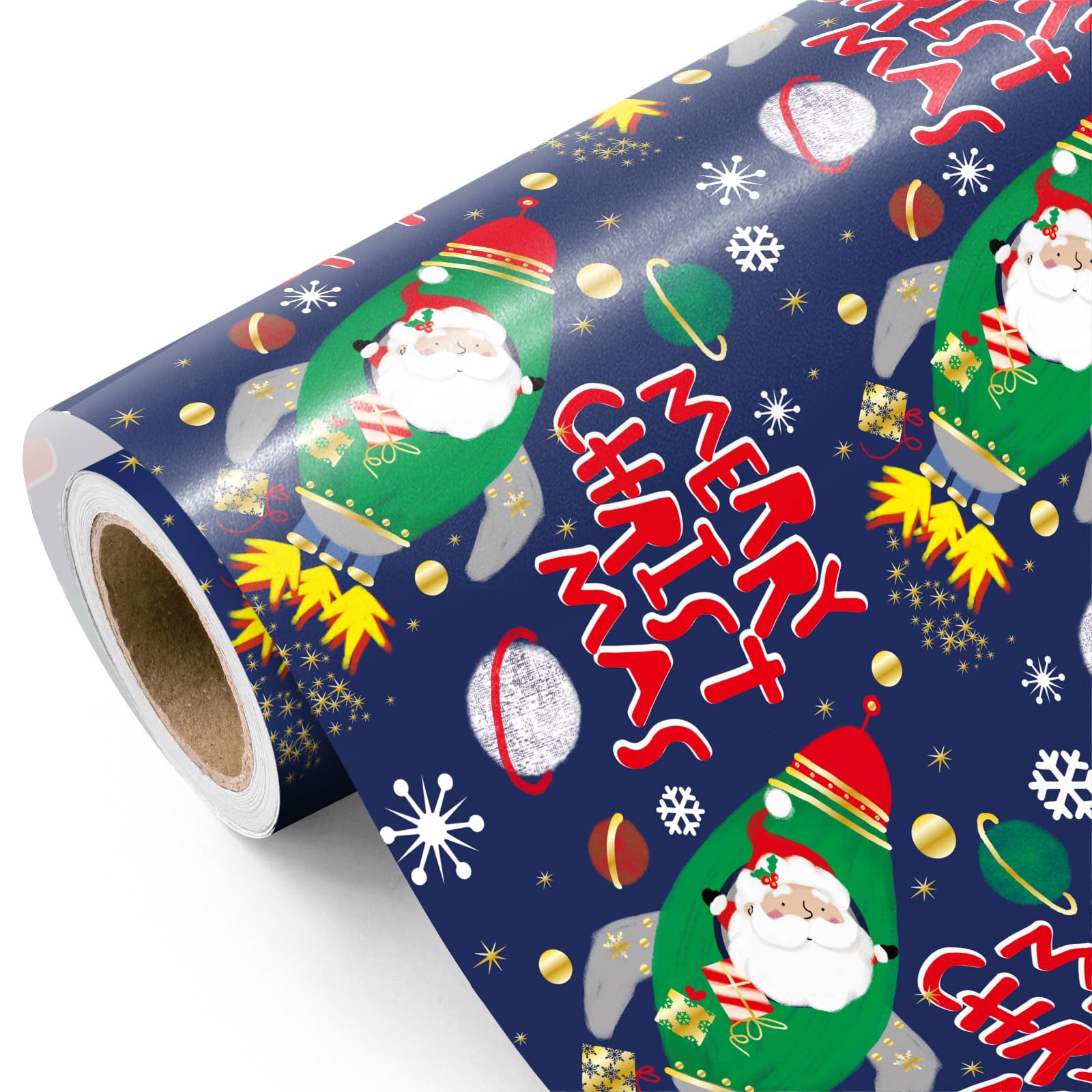 WRAPAHOLIC Funny Christmas Wrapping Paper Roll - Mini Roll - 17 Inch x 16.5 Feet - Santa in Spaceship and Merry Christmas Wrapping Paper for Xmas Holiday, Party Celebration