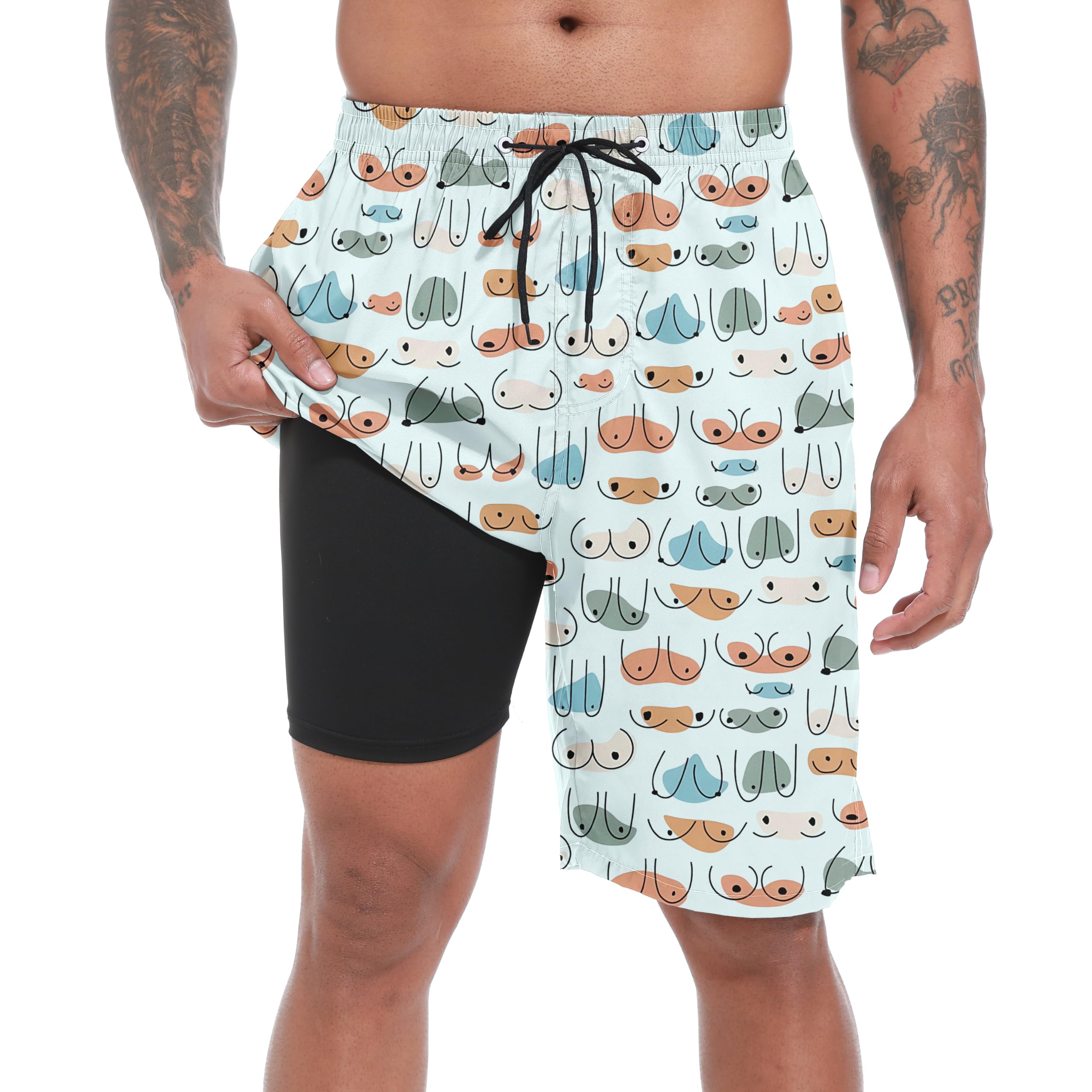 FT FENTENG Mens Swim Trunks with Compression Liner 9" Big and Tall Board Shorts 2 in 1 Quick Dry Long Swimwear Bathing Suits