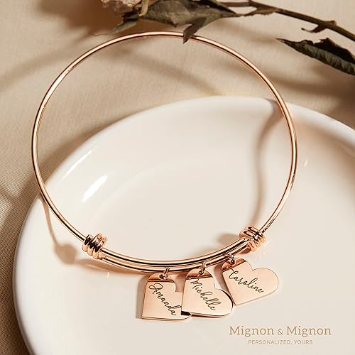 Miniatura 3 de MignonandMignon Pulseras personalizadas con nombre para mujer, hechas a mano, dije de corazón, brazalete con nombre grabado personalizado, regalo