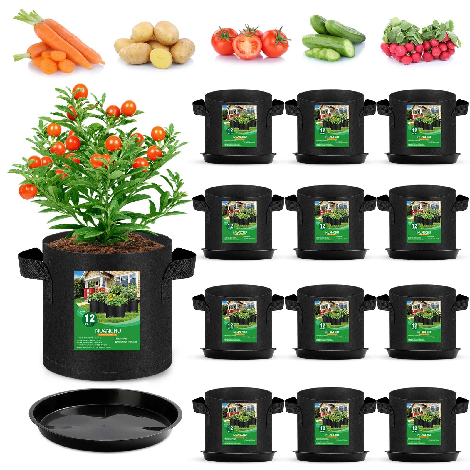 Funnymoom 12 juegos de bolsas de cultivo de 5 galones con platillos para plantas, macetas de tela duradera con asas, bolsas de drenaje de aireación para maceta, bolsas de jardín reutilizables, juego