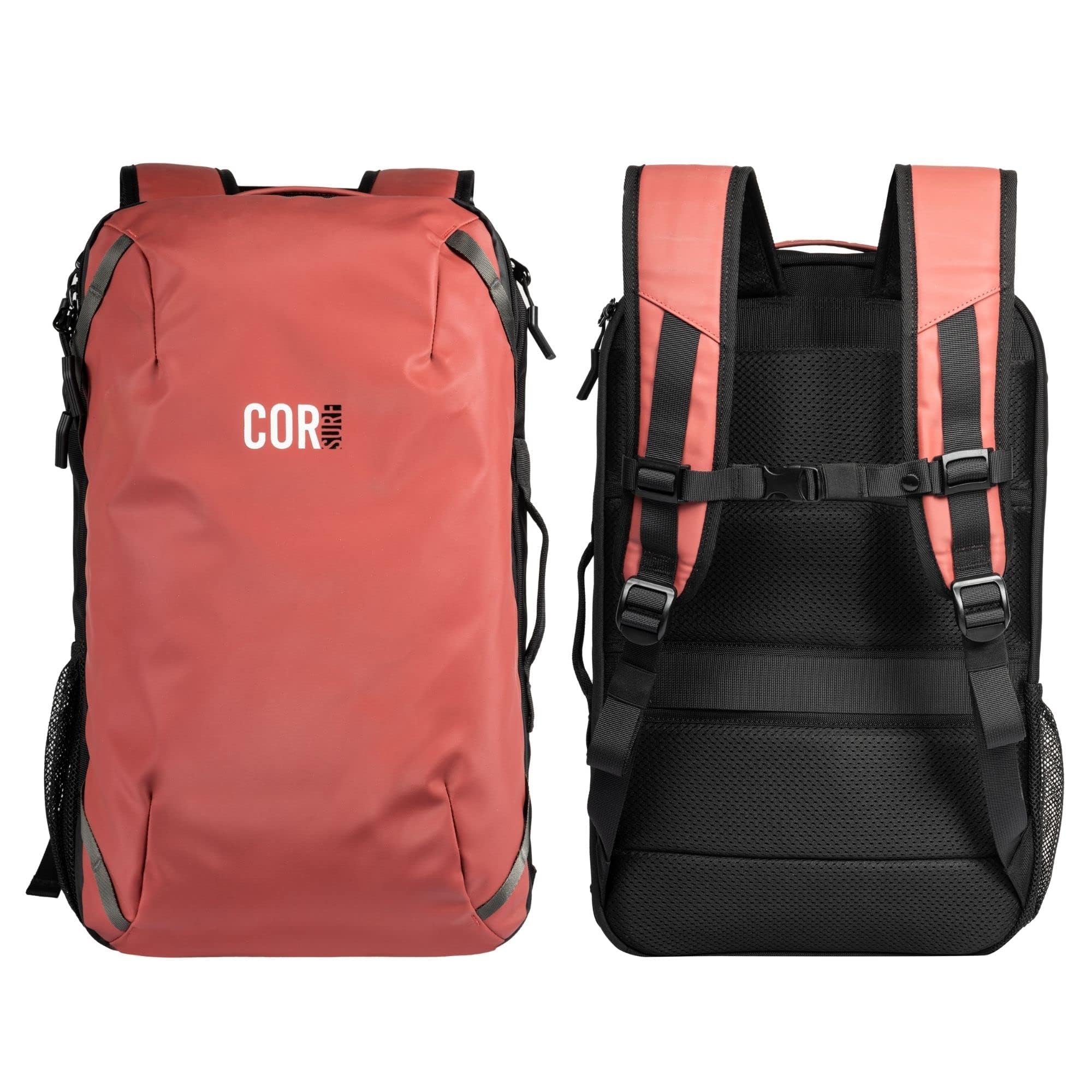 COR Surf Travel Backpack | Flight Approved Carry On Laptop Backpack with Secret Passport Pockets | The Island Hopper (28L, Lava Red)
