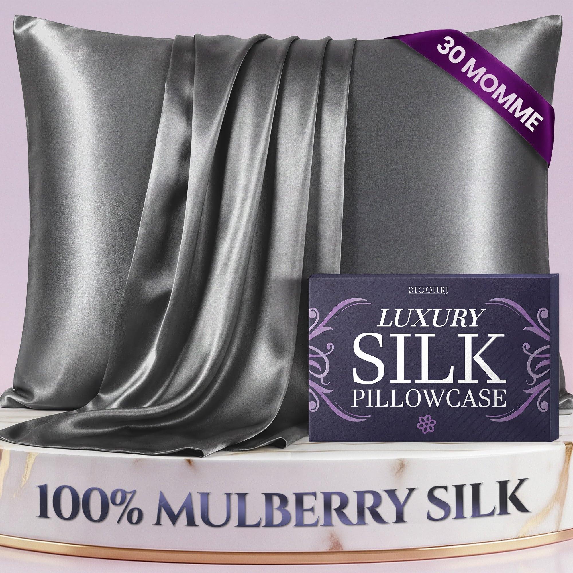 100% Pure Mulberry Silk Pillow Case Standard Size – Highest Grade 30 Momme 6A+, Luxuriously Soft & Cooling Silk Pillowcase for Hair & Skin, Hypoallergenic, Breathable, Hidden Zipper (Grey)
