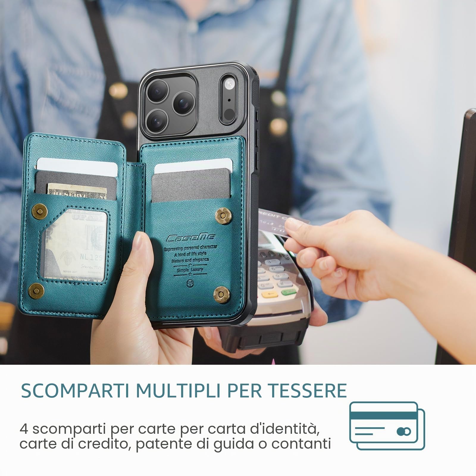 UEEBAI Custodia a portafoglio per iPhone 17 Pro Max, con blocco RFID, scomparti per carte di credito, in pelle PU, con cavalletto, chiusura magnetica, antiurto, unisex, blu