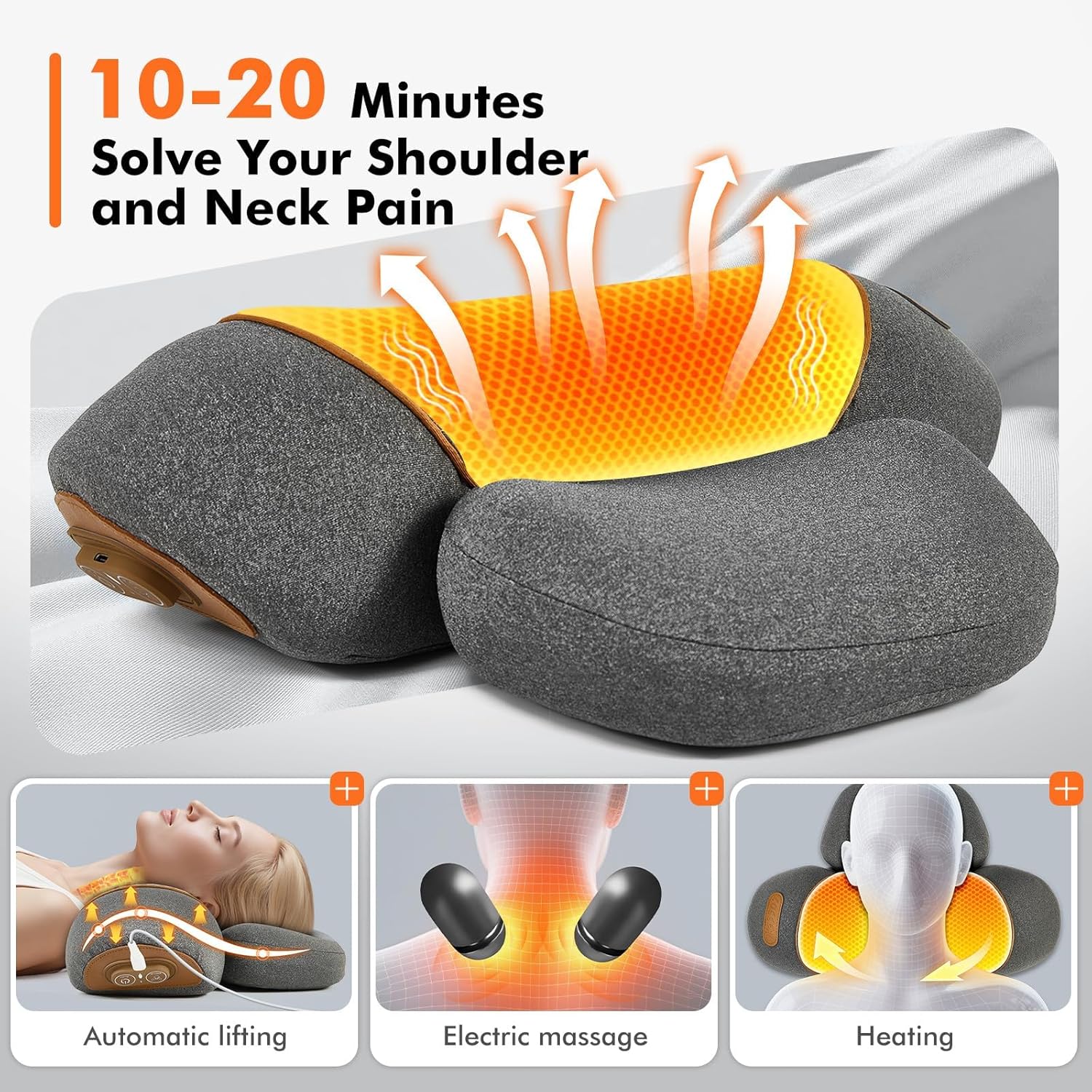 Neck Pillow - 3-in-1 Neck Massage Pillow with Battery for Shoulder Pain Relief, Deep Tissue Pain Relief with Heat and Stretching, Neck Hump Corrector for Women, Travel Pillow