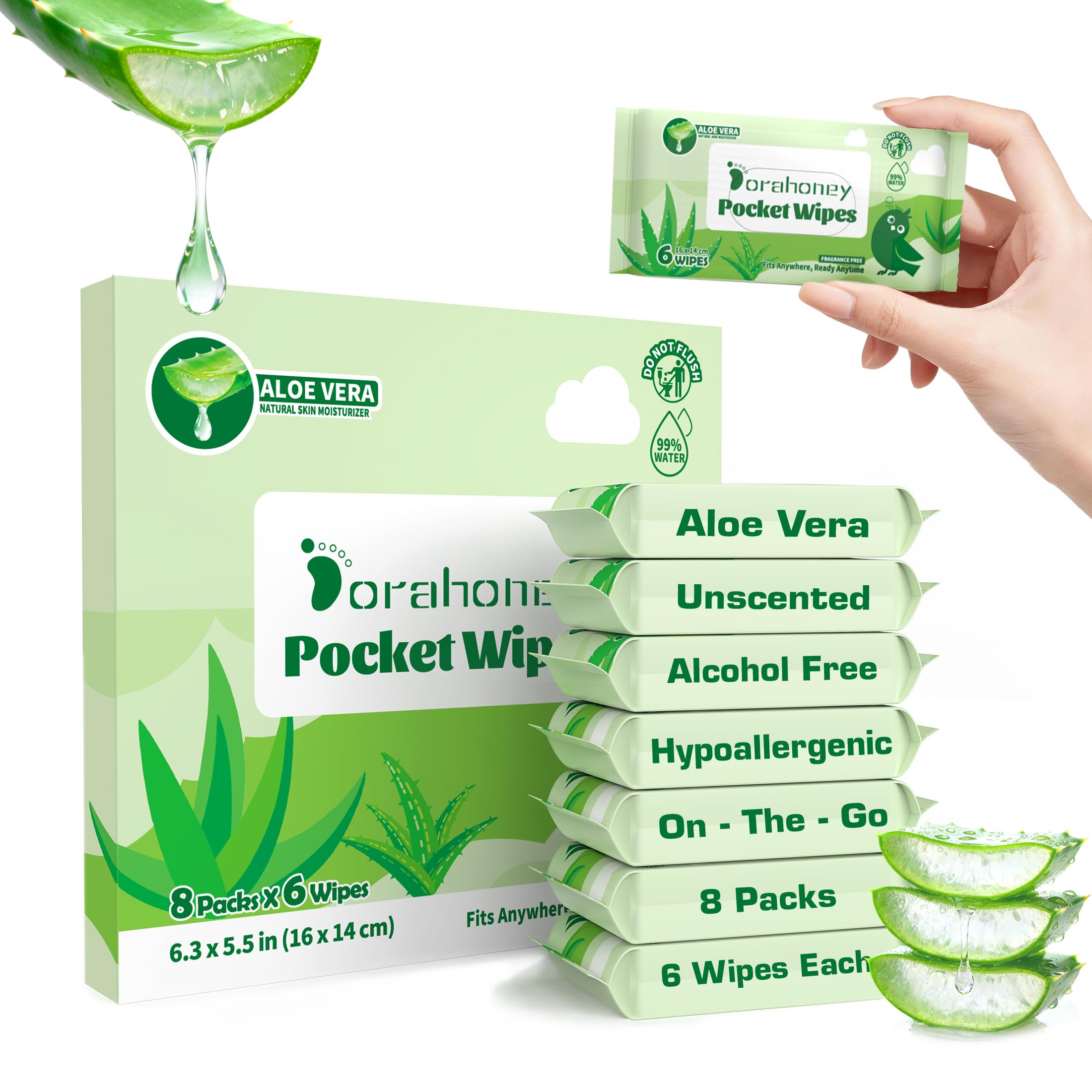 Lingettes Humides de Voyage à l’Aloe Vera, Format Mini Poche, 99% Eau, Sans Parfum, Hypoallergéniques, pour Adultes, Enfants et Bébés, Lingettes Mains & Visage, 8 Paquets (48 Lingettes)