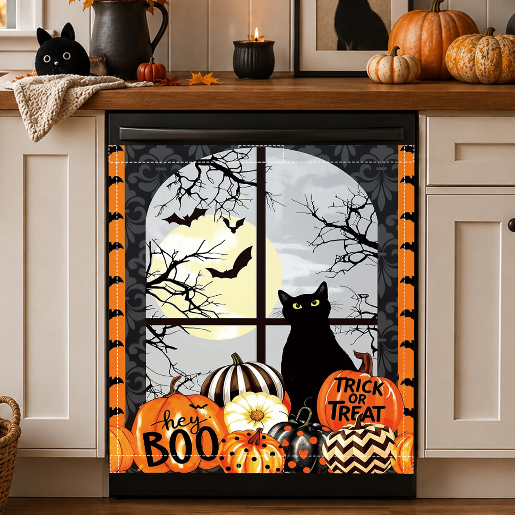 Halloween Cat Dishwasher Magnet Cover Cute Pumpkin Fall Dishwasher Magnet Sticker for Kitchen Autumn Decoration 23x26 in Farmhouse Refrigerator Magnet Cover Fridge Panel Decal Pad