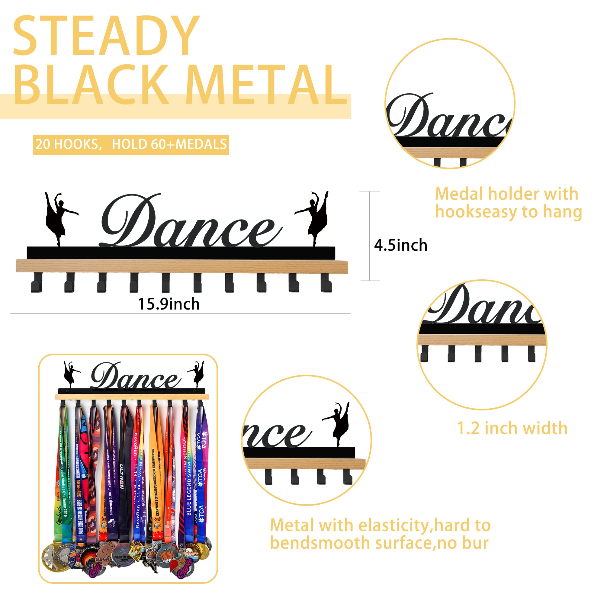 Goutoports Dance Medal Holder Display-Dance and Gymnastics Athletic Competition Medal Rack Display Wall Mounted with Wooden-Over 60 Medals Easy to Install.