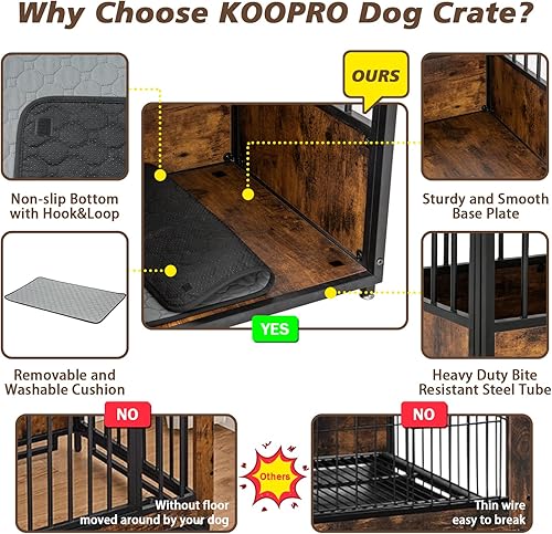 Miniatura 5 de KOOPRO Mueble de jaula para perros de 40 pulgadas con cojín para perros grandes y medianos, perrera de madera resistente con puertas dobles, mesa