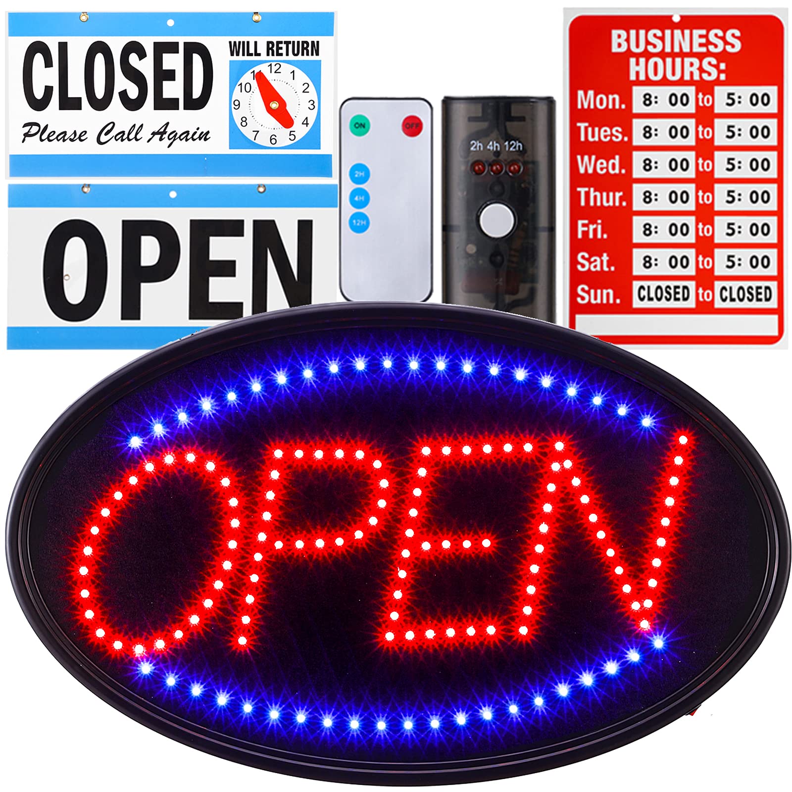 LED Open Sign with Remote for Window - Bright Electric Neon Light Business Board, 19x10inch Hanging for Outdoor Bar Hair Salon Store Retail Shop Storefront Restaurant Glass Door Barbershop Boutique Coffee