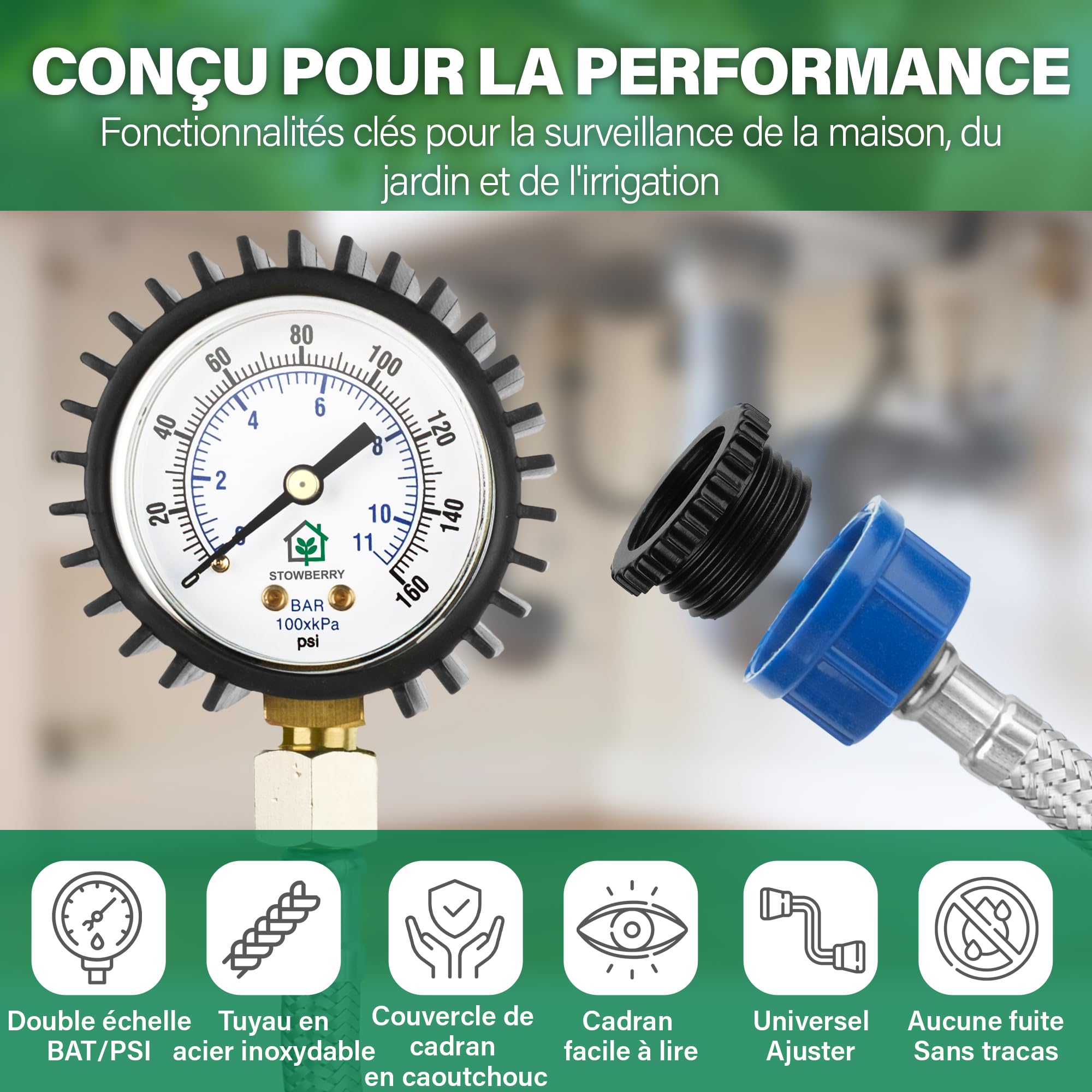 Manomètre de pression d'eau réseau 0-11 bar 0-160 PSI avec connecteur pour robinet de tuyau