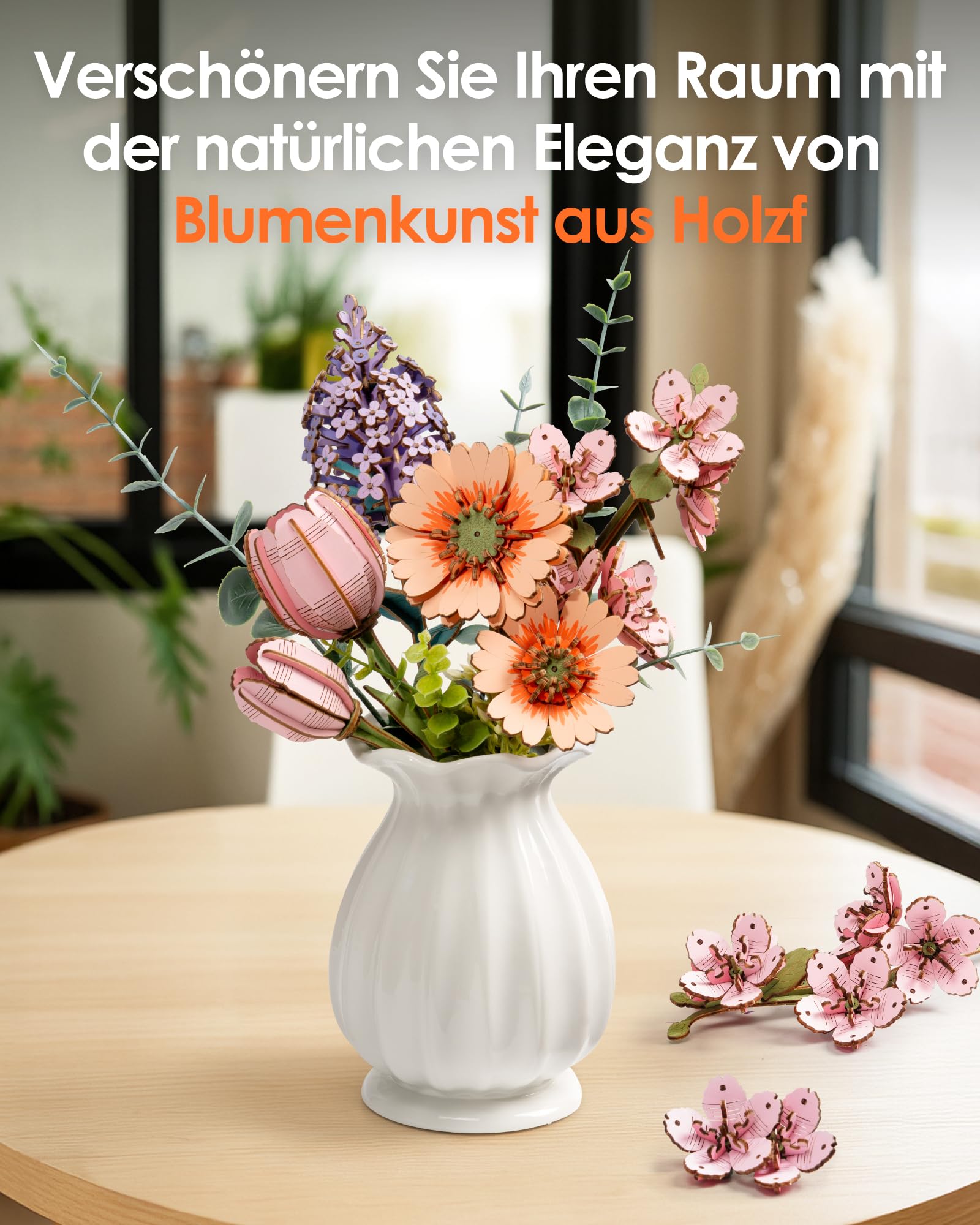 ROBOTIME 3D Holz Blumen Puzzle Hellorange Gerbera, Modellbausätze Für Erwachsene Zum Zusammenbauen, Künstliche Ewige Blüten, DIY Bastelset… – Ansicht 4