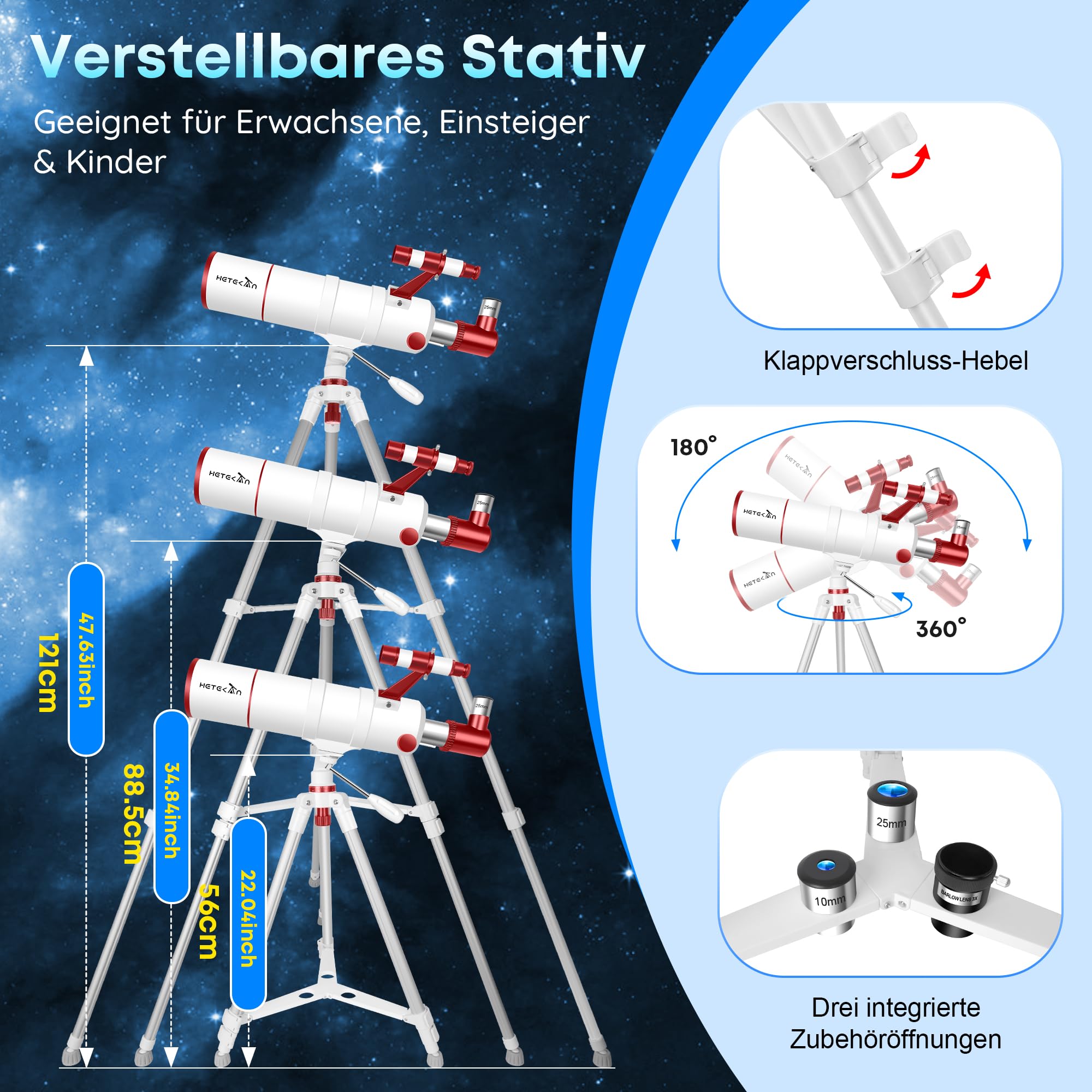 HETEKAN Teleskop 90mm Öffnung 550mm Brennweite, Tragbares Refraktor-Teleskop für Erwachsene, Anfänger und Kinder, 22X-165X mit AZ-Stativ, Handyadapter, Tragetasche und Aufklebern