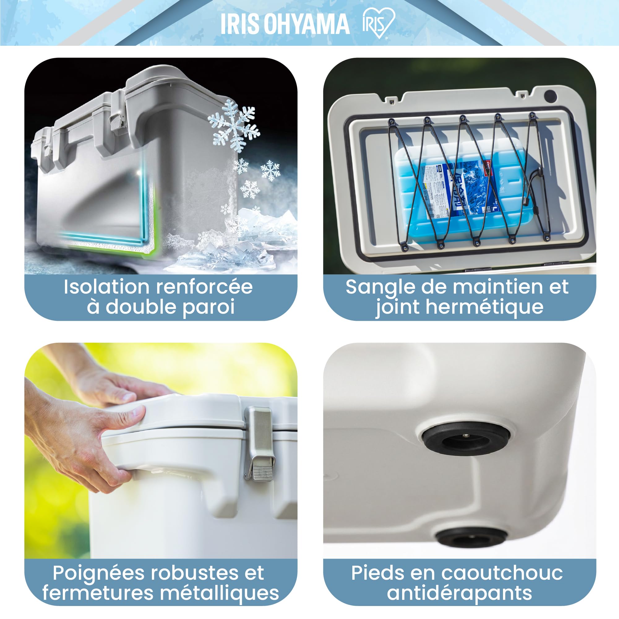 Iris Ohyama, Glacière Rigide 40L, Robuste & Performante avec Double Paroi, Joint Hermétique, Fermetures Métalliques, Sangle de Maintien, pour Camping, Plage, Blanc, ICB-11
