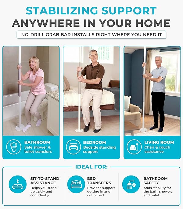 Stander Wonder Pole Slim, Tension Mounted Security-Pole, Elderly Floor to Ceiling Transfer-Pole for Seniors, Bathroom Grab Bar Stability Rail with Padded Handle, White by Stander - Image 6