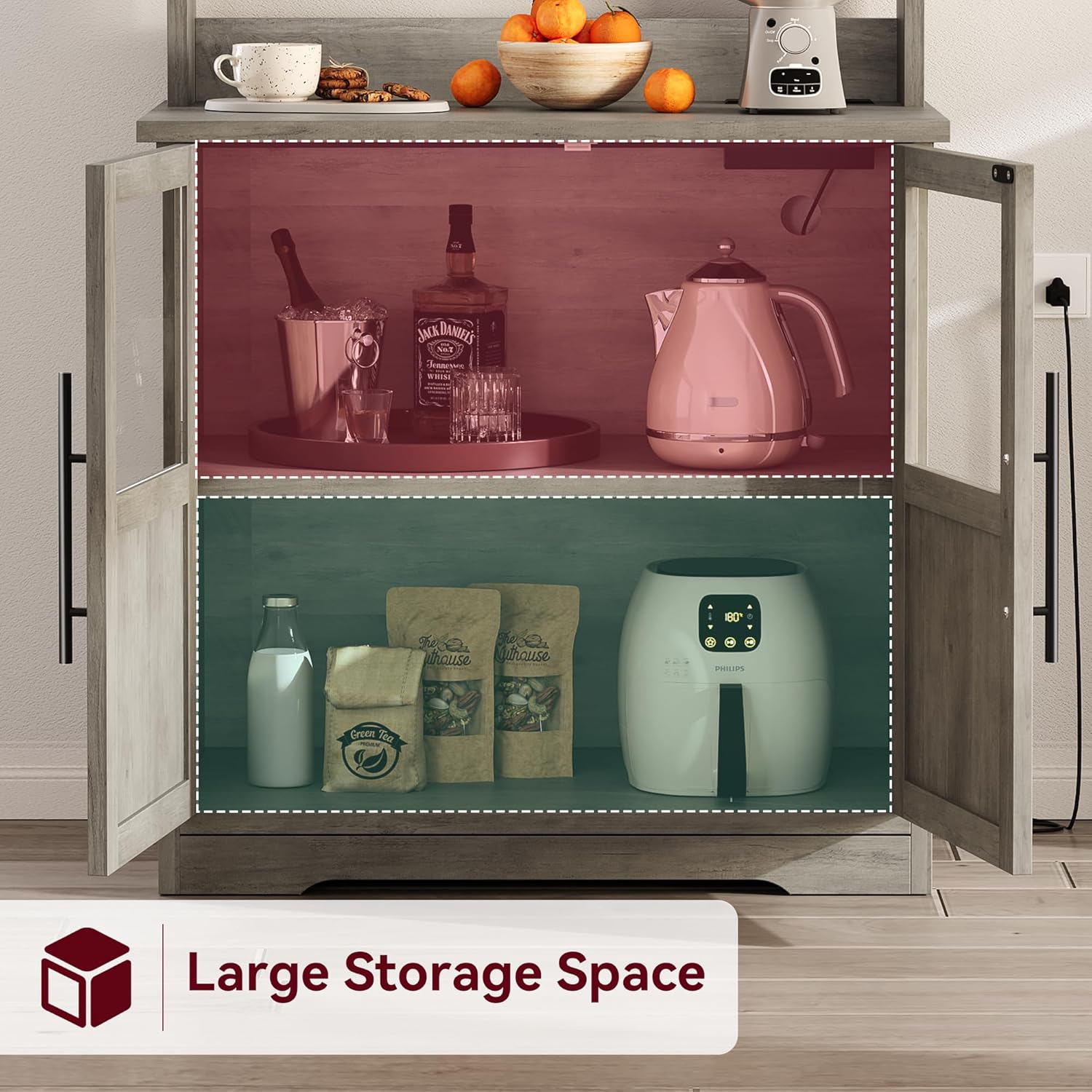 Bakers Rack with Storage Cabinet, Farmhouse Microwave Stand with Power Outlets & Glass Doors, Small Kitchen Bakers Rack with Thick Table Top, Coffee Bar Station, Retro Gray