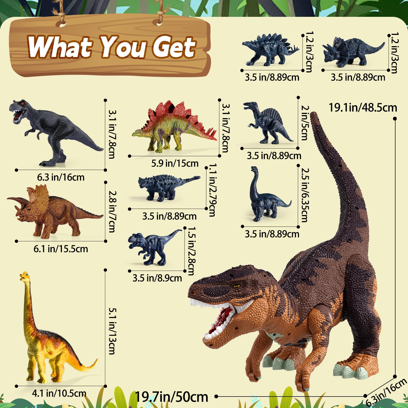 Figura de Dinosaurio de 24 Pulgadas con Ruedas Móviles, Rugido y Spray de Neblina – Cabeza y Cola Extraíbles, Contiene 10 Mini Dinosaurios – Juego Interactivo para Niños (Marrón)