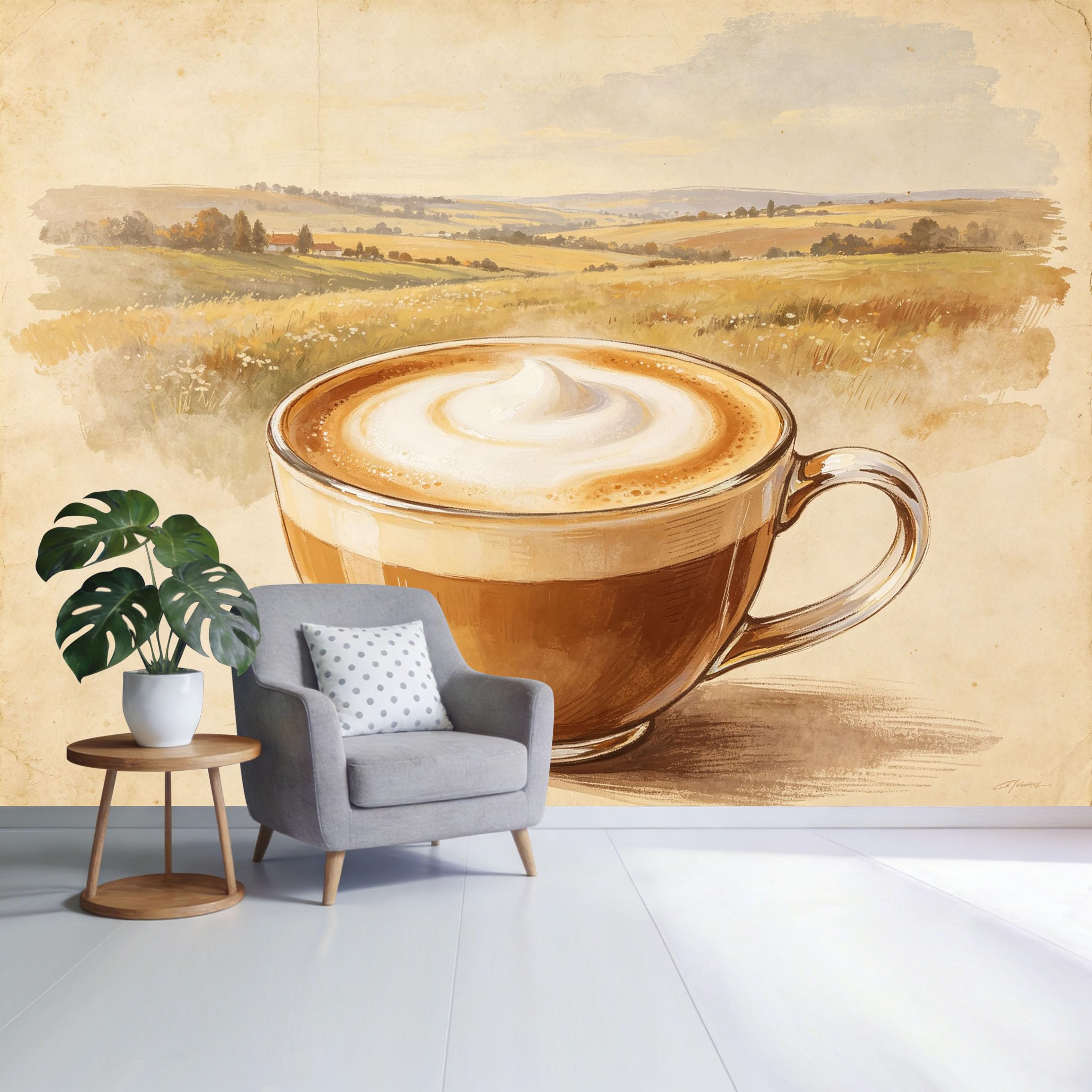 Custom Size Wall Mural Vintage Coffee Cup Landscape Watercolor Farmhouse Morning Field Art SelfAdhesive Wall Fabric Removable Wallpaper for Home Office Decor