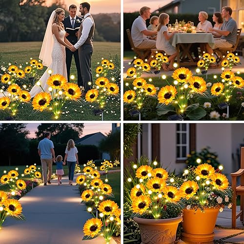 Miniatura 3 de Luces solares con forma de girasol para jardín al aire libre, luces solares mejoradas con forma de girasol y luces de luciérnaga, impermeables,