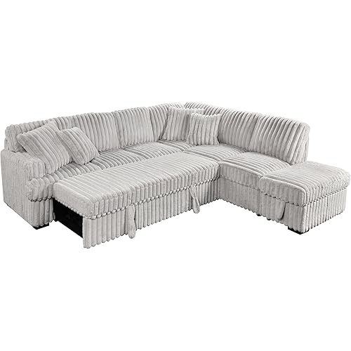 113" L Shaped Plush Corduroy Oversized Sectional Sleeper Sofa with Pull Out Bed with Storage Ottoman Chaise for Apartment -Gray