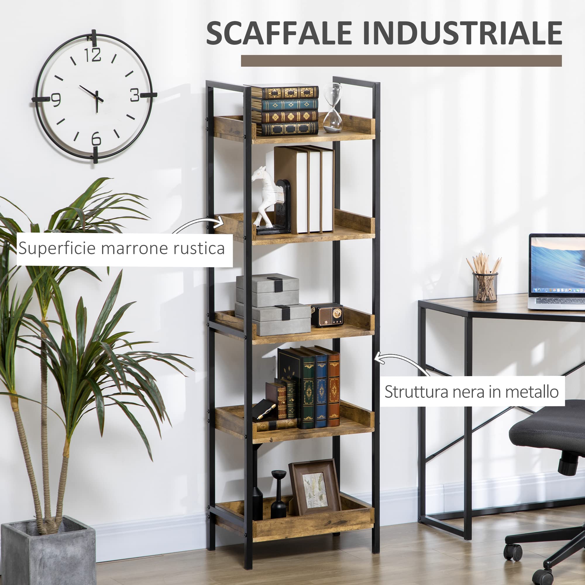 HOMCOM Libreria Stile Industriale a 5 Ripiani, Mobile Libreria in Legno e Metallo per Casa e Ufficio, 48x30x155cm, Marrone Rustico
