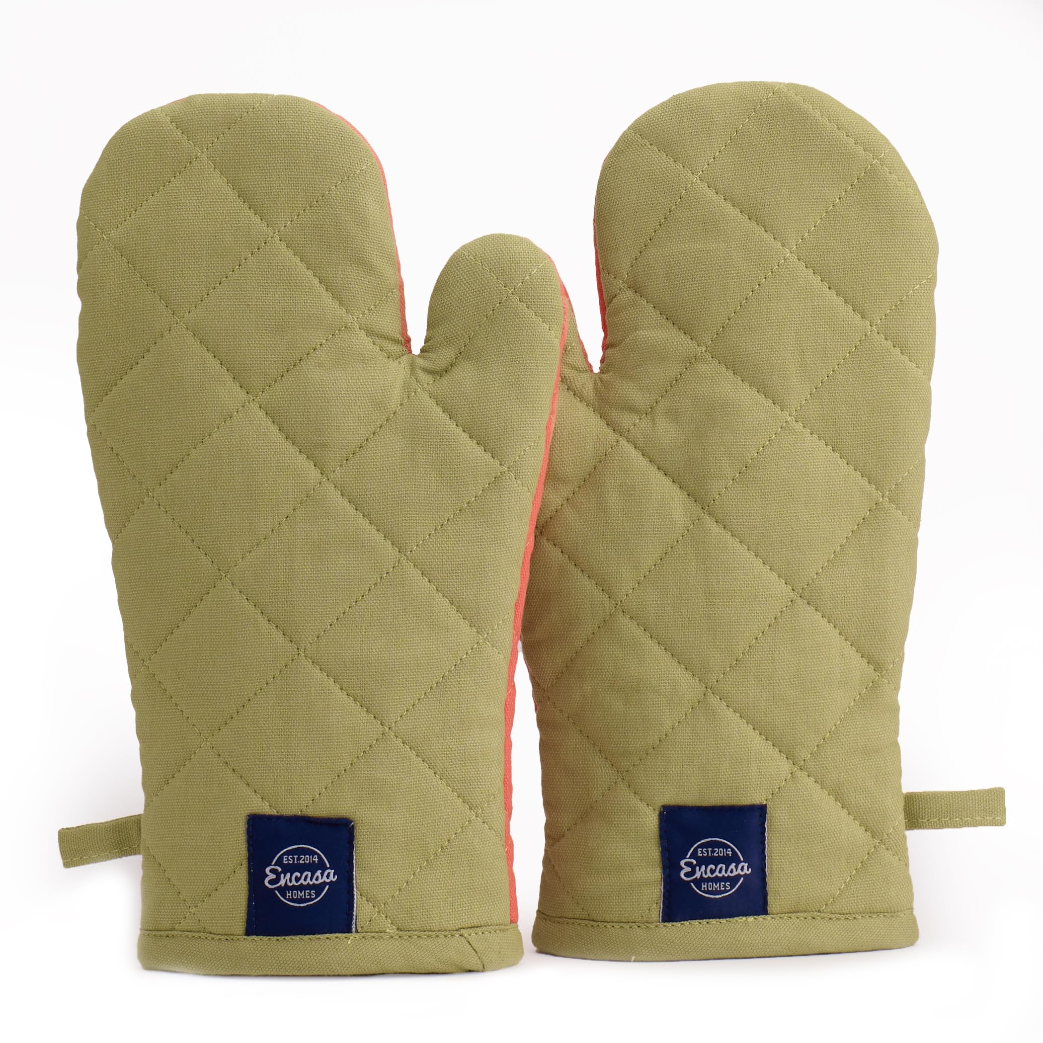 Encasa XO Cotton Oven Gloves, Heat Resistant Quilted Cooking Mitts Sage & Coral 3