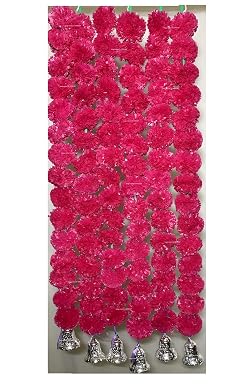SPHINX Fluffy Marigold Artificial Garland with Golden/Silver Bells –Approx. 2.5 ft Toran for Diwali,Ganesh Chaturthi, Teej,Home Decor,Door,Backdrop,Wall,Wedding 15 Flowers per String-Dark Pink/Rani, 6