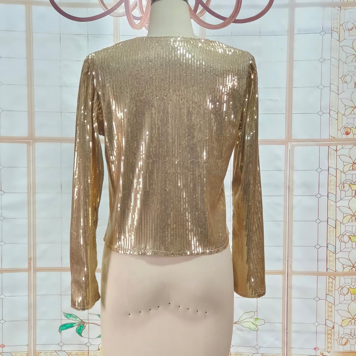 Cololura Women Casual Open Front Sequin Jackets Cardigan Glitter Long Sleeve Short Coats Crop Blazer