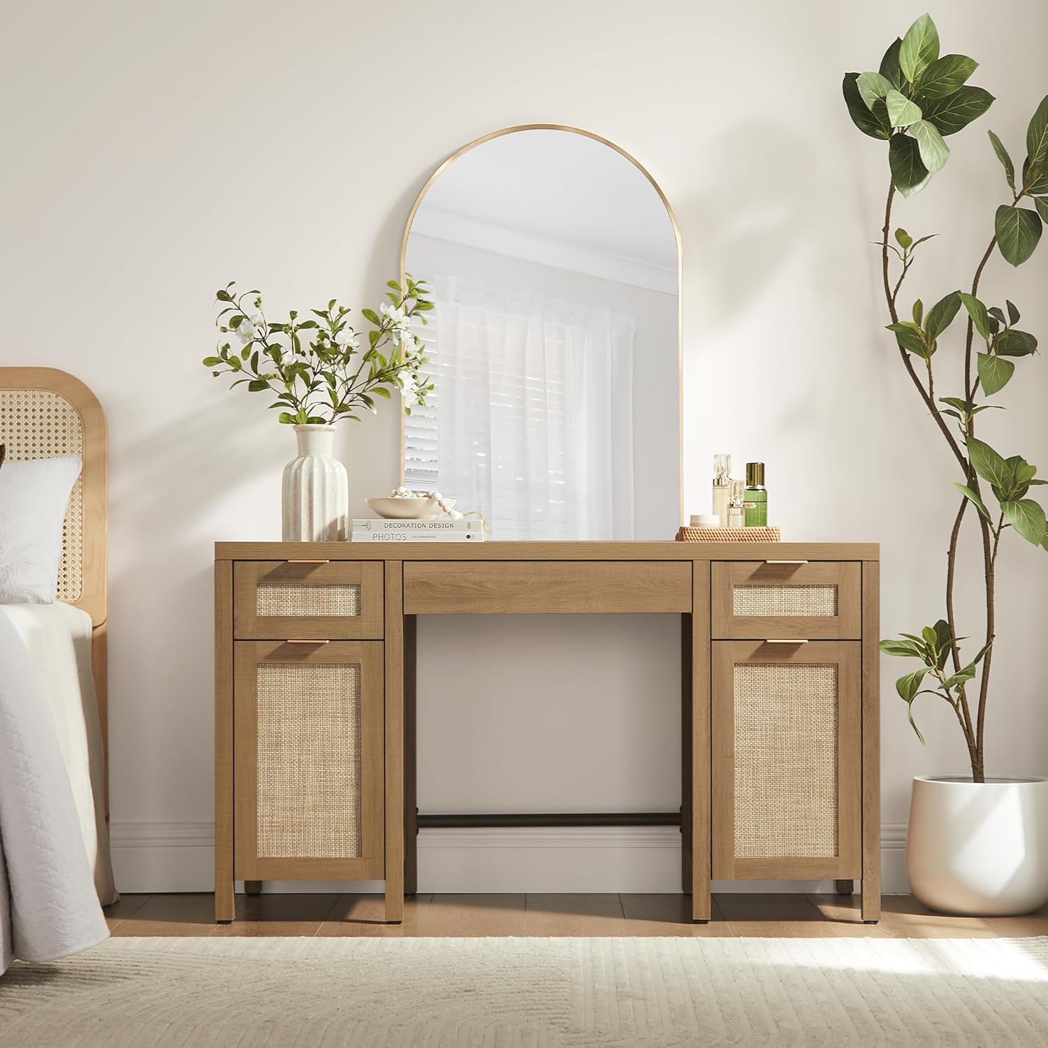 SICOTAS 52" Home Office Desk with Storage - Rattan Executive Desk with 3 Drawers and 2 Cabinets, Farmhouse Boho Larger Computer Writing Table for Study, Office, Living Room, Oak