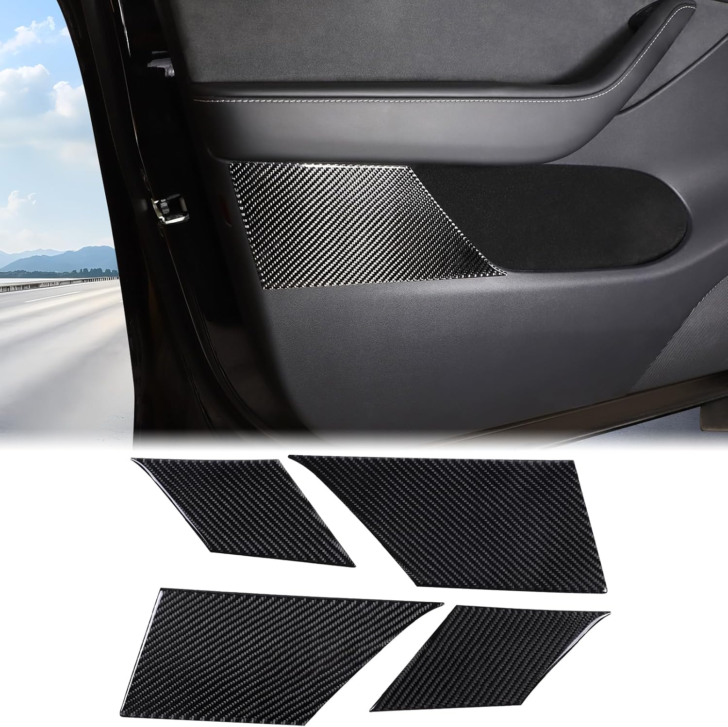 Aunginsy Inner Door Storage Box Side Panel Trim Compatible with 2016-2022 Tesla Model 3/Y Car Real Carbon Fiber Front Rear Door Storage Slot Side Panel Decorative Sticker Protection Cover Accessories