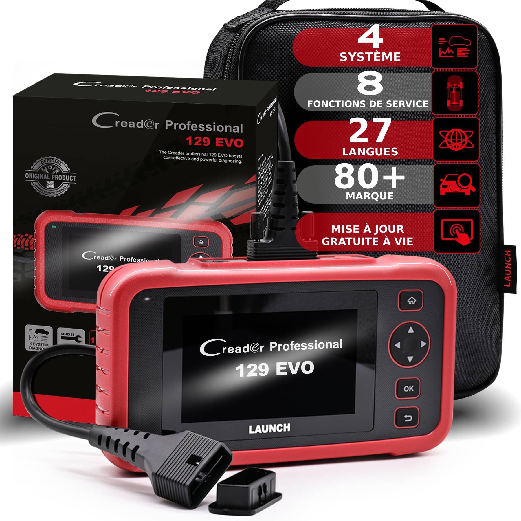 Launch CRP129EVO Unidad de Diagnóstico de Automóviles Multimarca para 4 Sistemas Completos Lector de Códigos OBD2 con 7 Funciones de Servicio e Informe de Inspección AutoVIN y Actualización vía WiFi