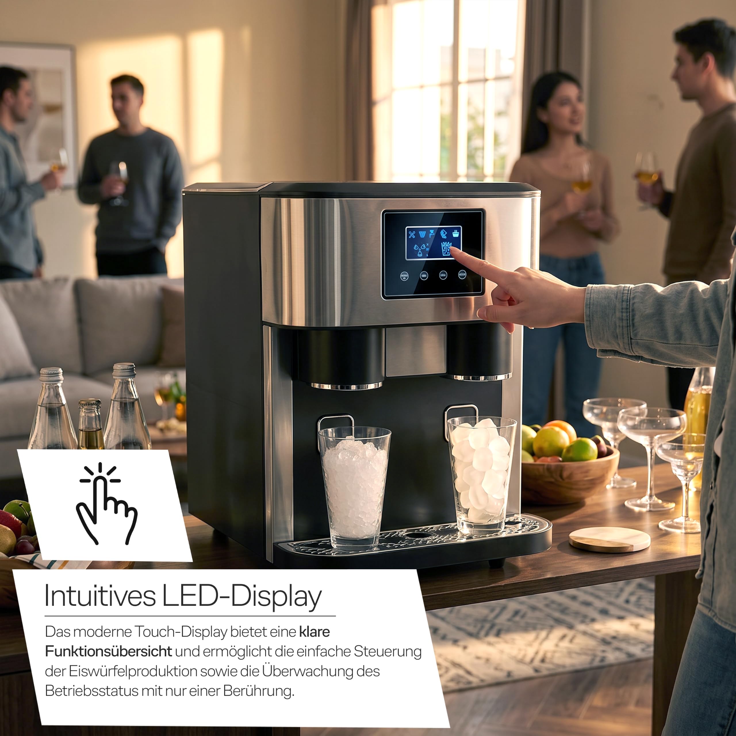 Retoo Premium 3 in 1 Eiswürfelmaschine mit Crushed Ice & Wasserspender, 18kg/24h, 16 Eiswürfel in 8–10 Min, Ice Maker für Cocktails, Whisky & Zuhause, Touchpanel, 2 Eisgrößen