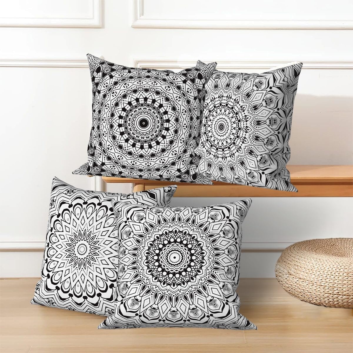 Bohemian Black Floral Throw Pillow Covers 18"x18" Set of 4, Mandala Abstract Flower Cushion Covers Moroccan Abstract Pattern Pillowcase for Couch Sofa Bed Chair Patio Home Indoor Outdoor