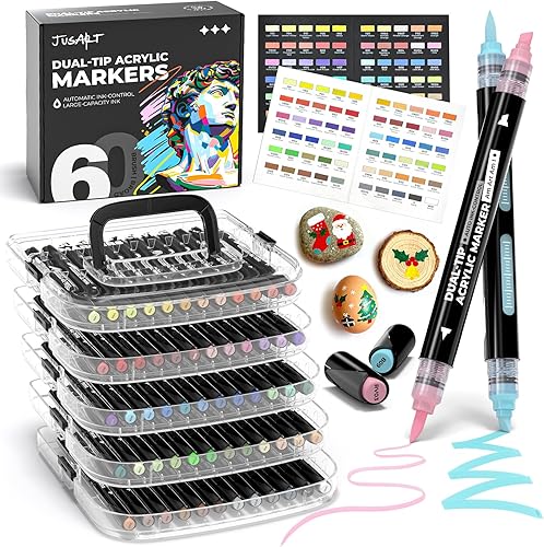 JusArt Marcadores de pintura acrílica con control automático de tinta de 60 colores, doble punta con punta ancha y punta de pincel para cerámica,
