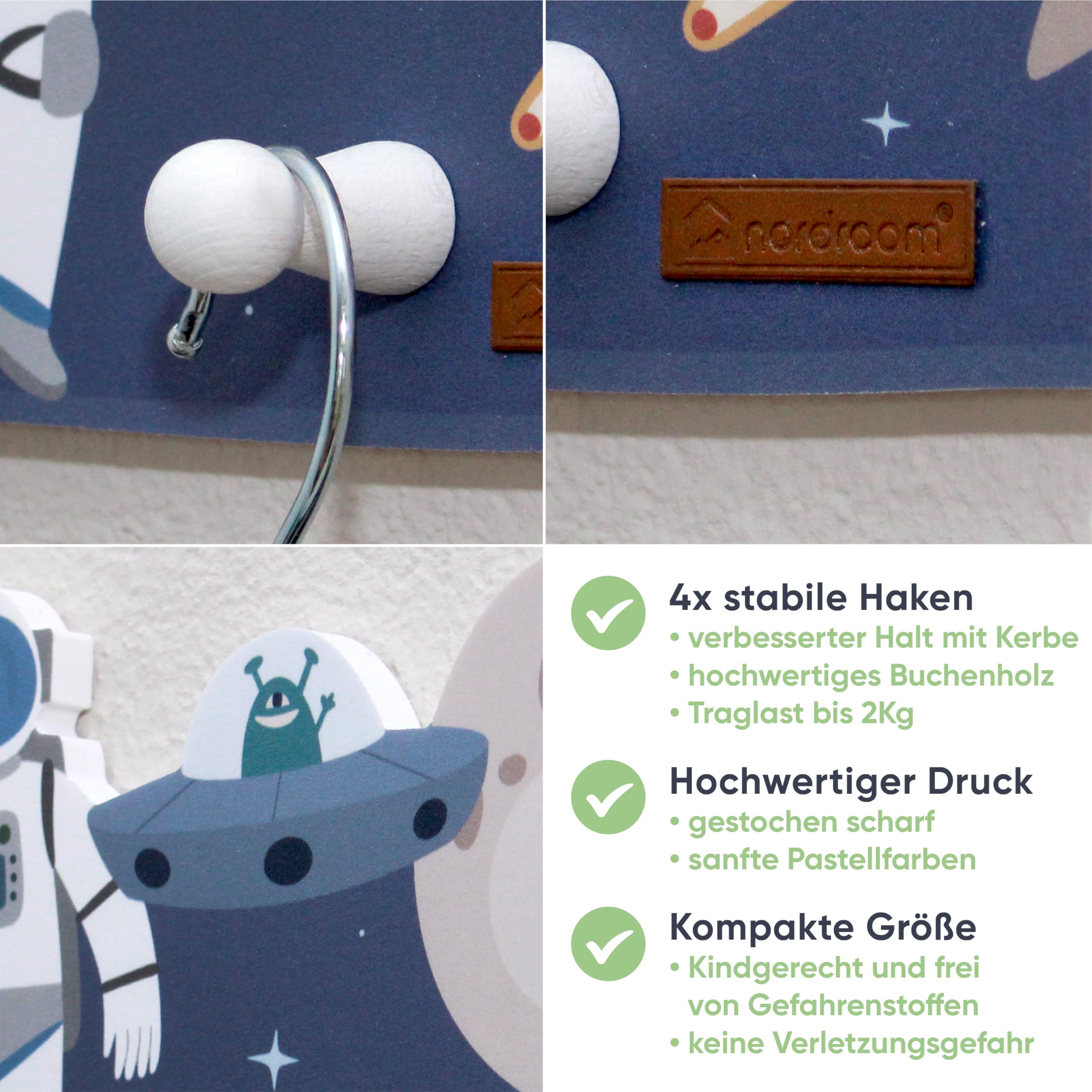 Children's Wardrobe with 4 Hooks, Wall Coat Rack with Space Astronaut for Children's Rooms - Image 4
