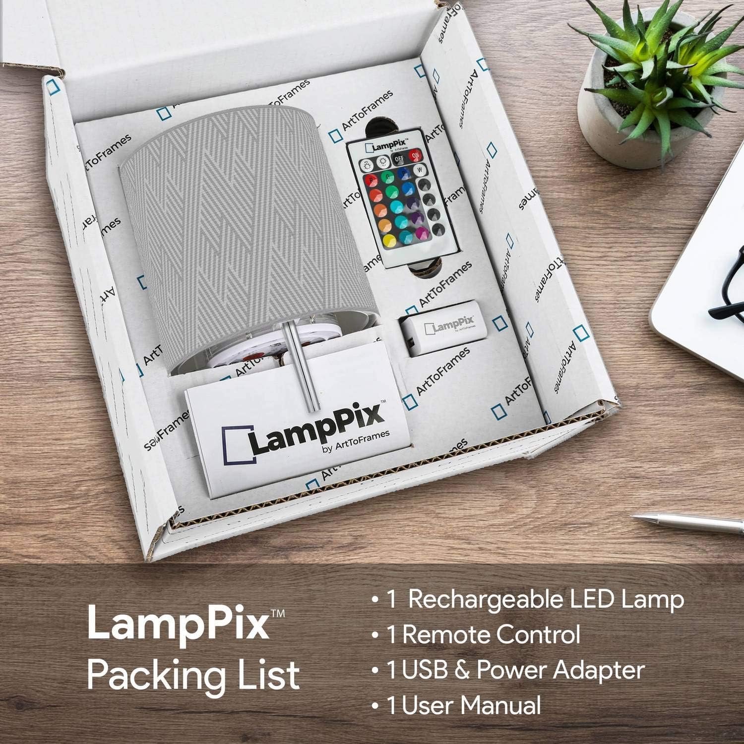 LED Desk Lamp Modeco Zig Zag Grey Canvas Printed Table Light Comes with 16 Color Rechargeable Light Bulb with 5 Level Dimmer and Remote Control and Chrome Standoffs. Made in The USA