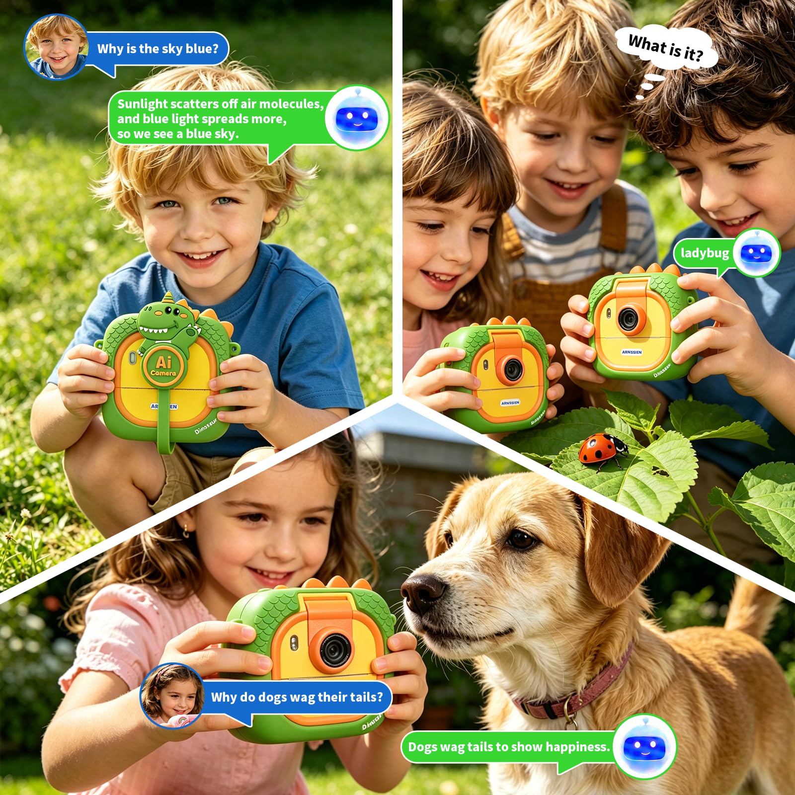 ARNSSIEN AI Aparat Cyfrowy dla Dzieci, Aparat Natychmiastowy, 1080P | Aparat Natychmiastowy dla Dzieci AI, Rozpoznawanie Obiektów, Czat AI, Bluetooth, Wi-Fi, IPS 2,4", prezent 3–12 lat, AI M2
