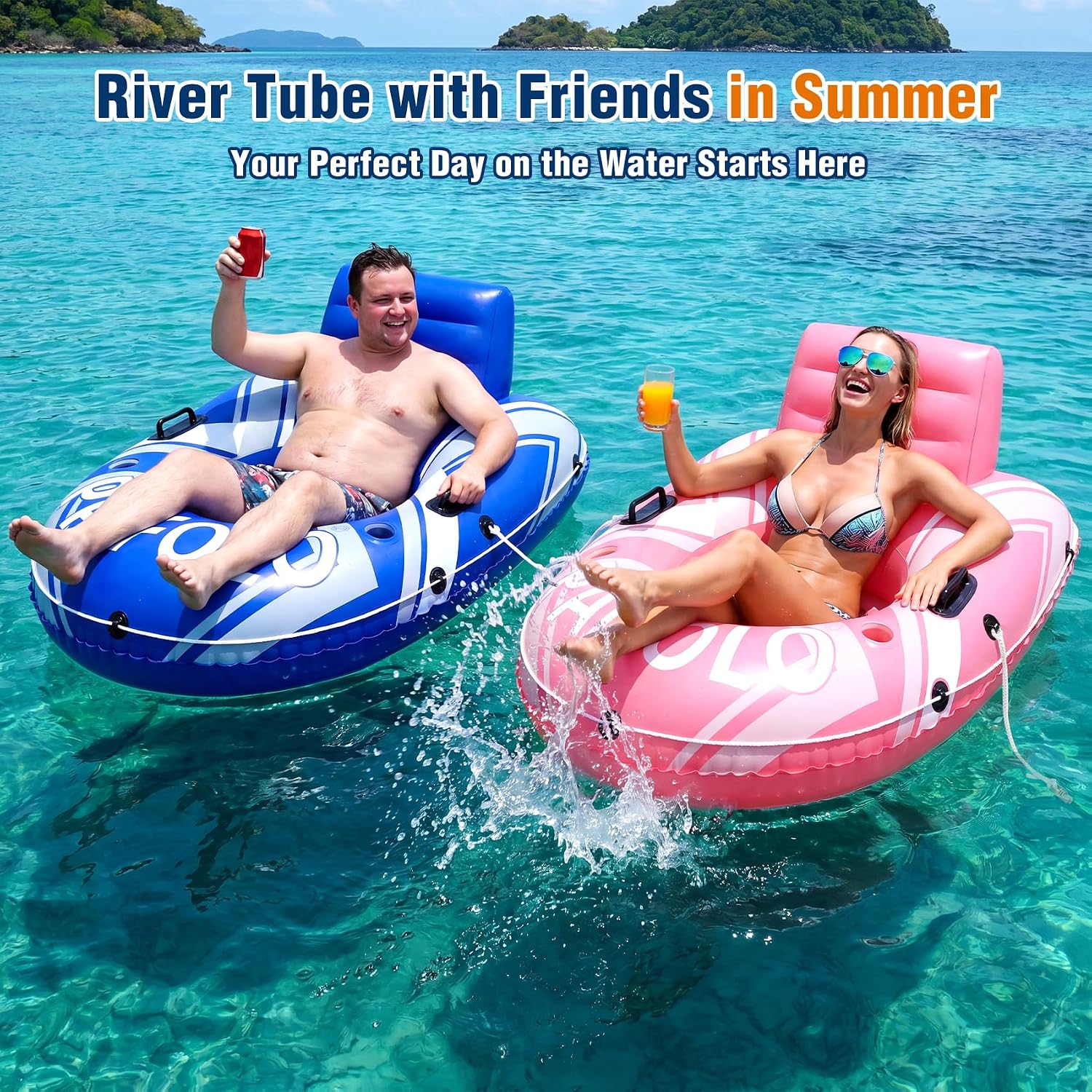 Pool Float Adult, 55" Large Inflatable River Float, River Tubes for Floating Heavy Duty with Mesh Bottom, Comfortable Backrest & 2 Cup Holders & Handles,450 lbs Capacity Floating for River Lake Beach