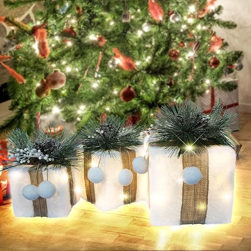 Miniatura 8 de Juego de caja de regalo iluminada de Navidad, 3 cajas tamaño S, M, L, perfecto para decoraciones de vacaciones en interiores y exteriores, caja de