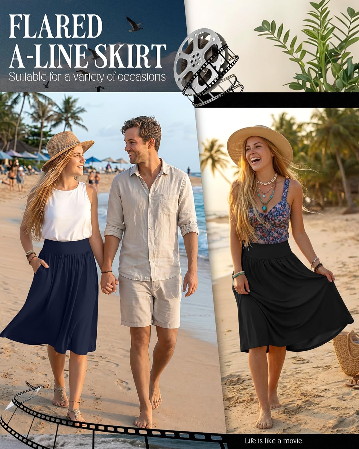 Ficerd 3 Pack Women's Knee Length Casual Skirts with Pockets, Flared High Waisted Midi Pleated Flowy a Line Summer Skirts - Image 5