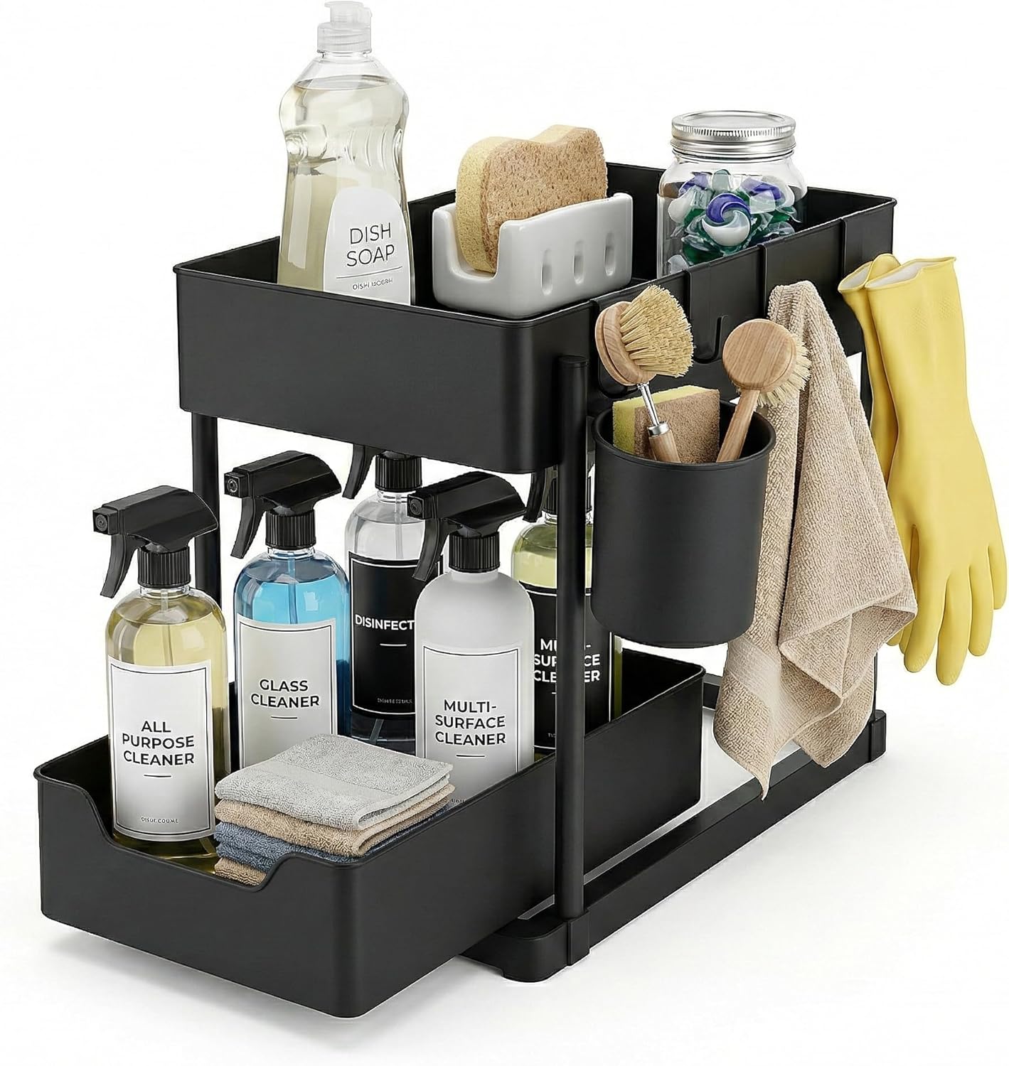 Under Sink Organizer – 2 Tier Sliding cabinet organizer with 4 Hooks & 1 Cup | Multi-Purpose Space Saving Shelf for under kitchen sink storage, Countertop, Bathroom, Pantry & Office Organization