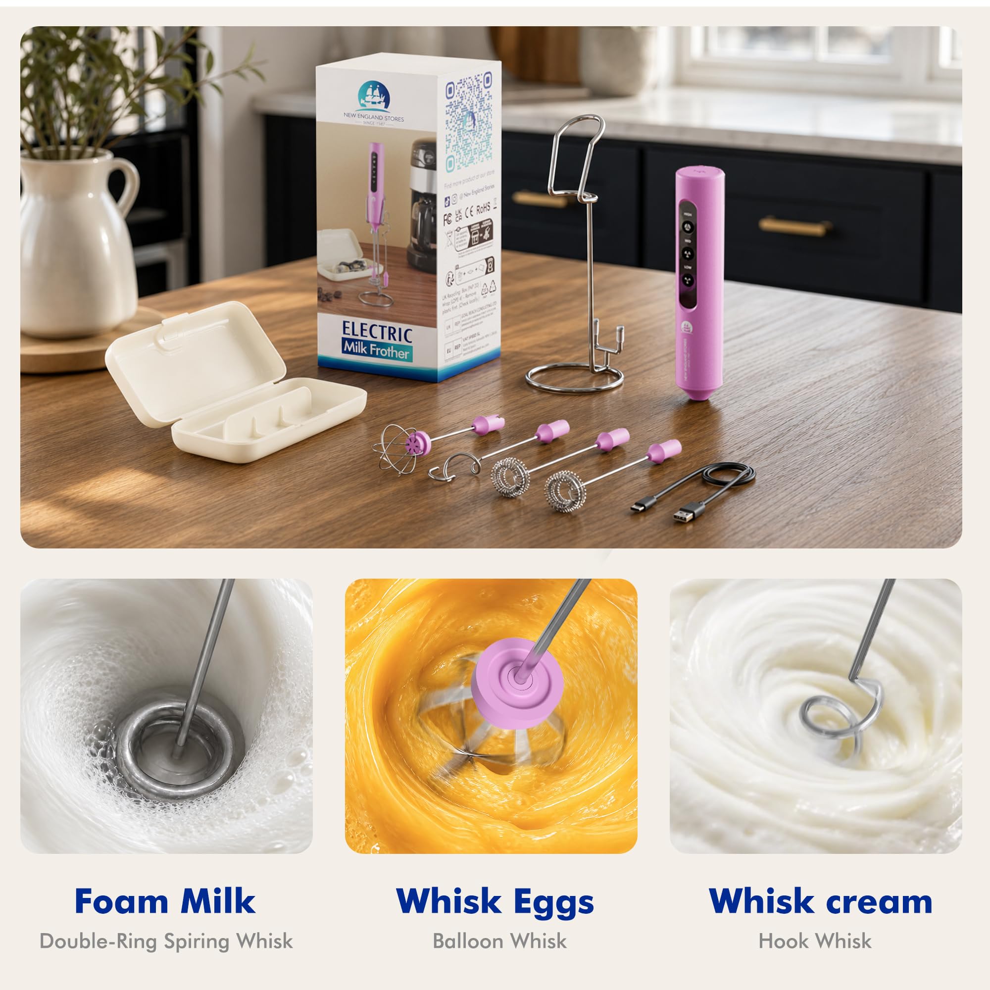 Espumador de leche recargable con soporte, 4 batidores intercambiables y estuche de viaje, batidor de mano para latte, matcha, chocolate caliente, huevos y batidos de proteínas
