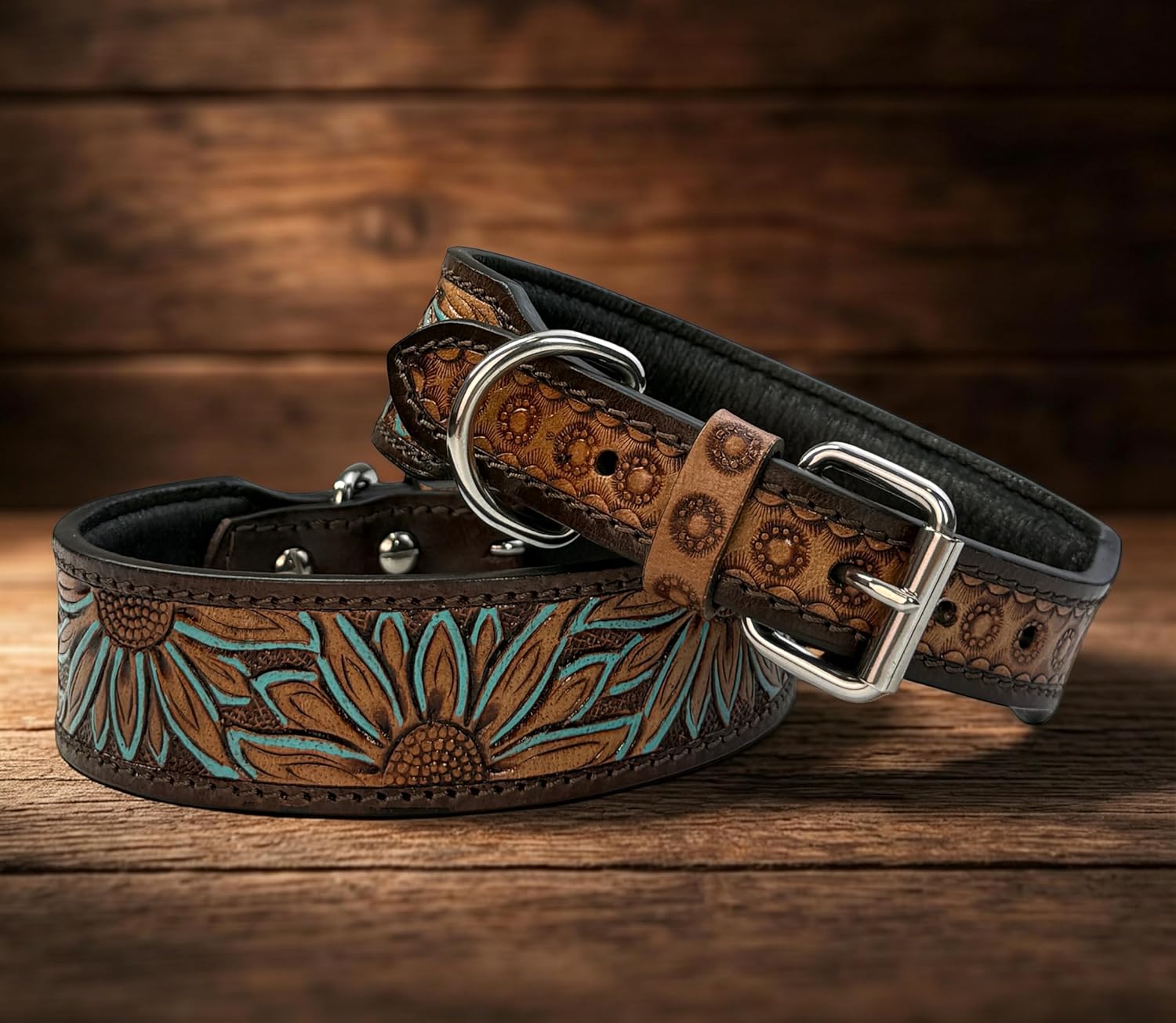 Genuine Leather Dog Puppy Collar Western Style Beaded Tooled Handmade Padded 1.5" Wide Full Grain Leather (XL (22"-25"))