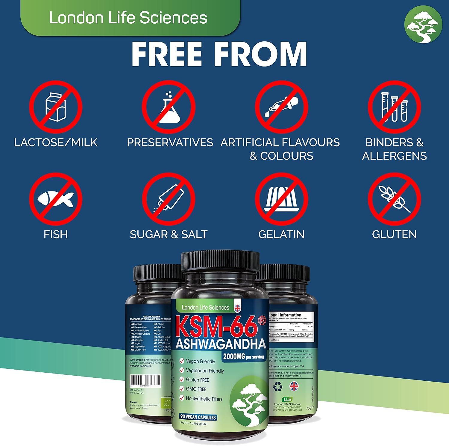 London Life Sciences Organic Vegan Ashwagandha KSM-66 90 Capsules, (Highest Concentration) 2000mg Servings & 5% Withanolides - Image 5