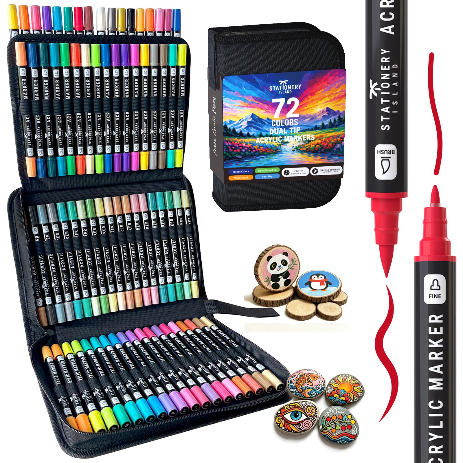 STATIONERY ISLAND Permanent Acrylic Paint Pens 72 Colours – Dual Tip Markers for Rock, Pumpkin, Stone, Glass, Ceramic, Wood & Fabric – Fine & Brush Tip Water Based Paint Pens for Halloween Crafts