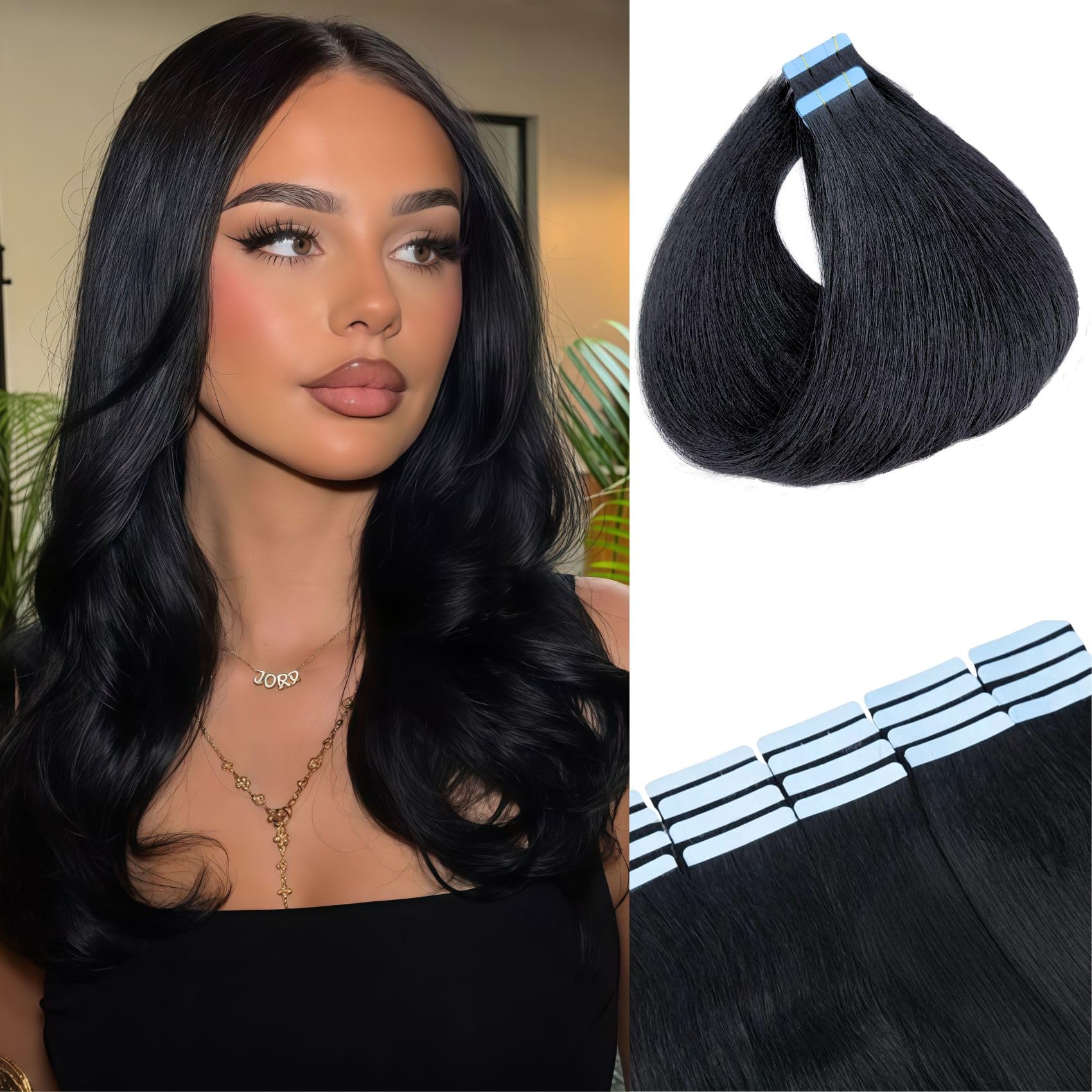 Jet Black Tape in Extensions Real Human Hair 12 Inch Invisible Black Hair Extensions Real Human Hair Tape Ins for Work